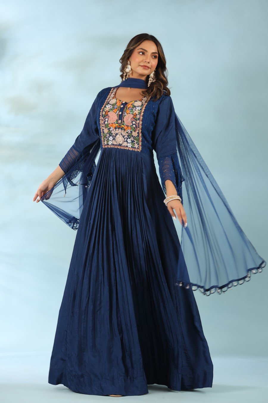 Persian blue silk anarkali gown by Vasansi